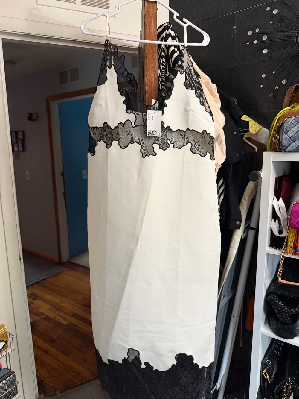 H&M Ivory Maxi Slip Dress with Black Lace Trim